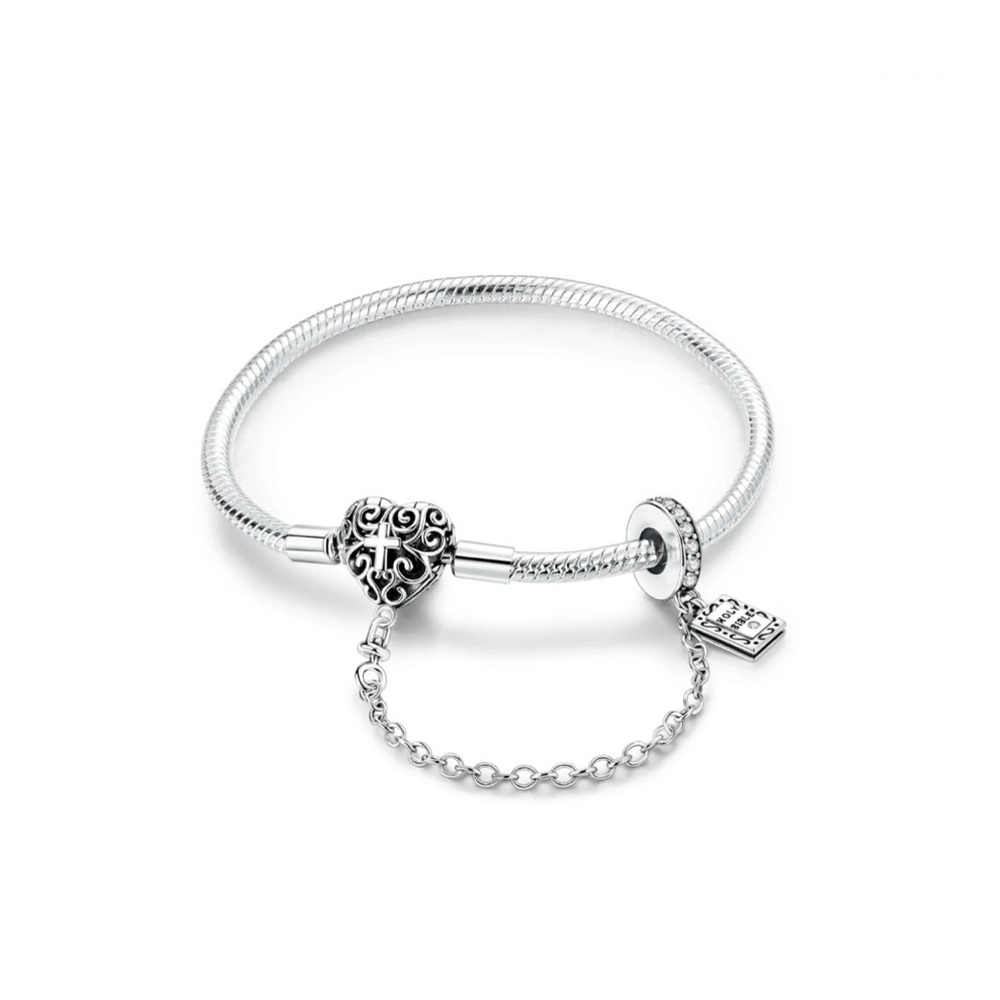 Linx Snake Chain Charm Bracelet with Heart Cross Clasp & Holy Bible Safety Chain